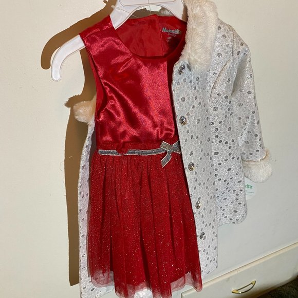 Nannette Baby Girl 2pc. White Sparkly Coat/Red Dress - Picture 3 of 15